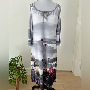 DOLCEZZA Cold Shoulder Tie Neck Dress Botanical Art Pattern Event Party Travel